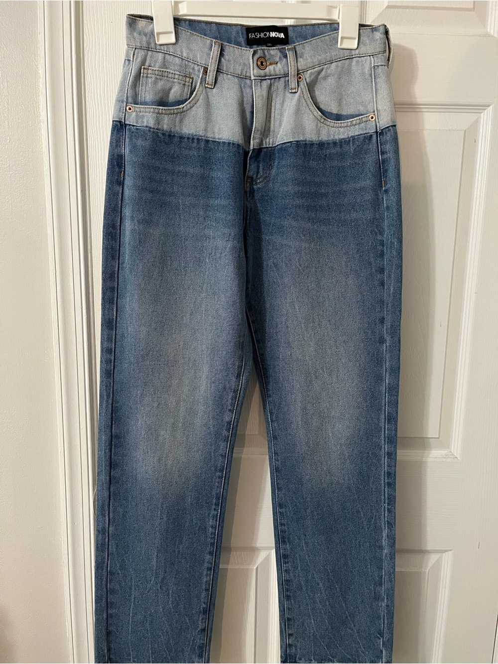 Fashion Nova Two-Tone Light and Dark Blue Slim Straight Jeans